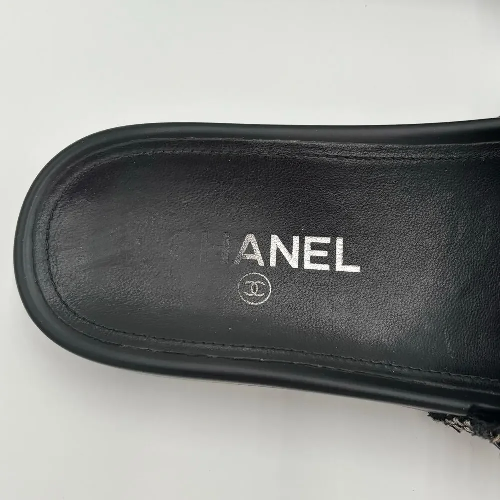 Chanel CC Chain Slide Sandals Flat Canvas Slip On Shoes Black Tweed Size 38